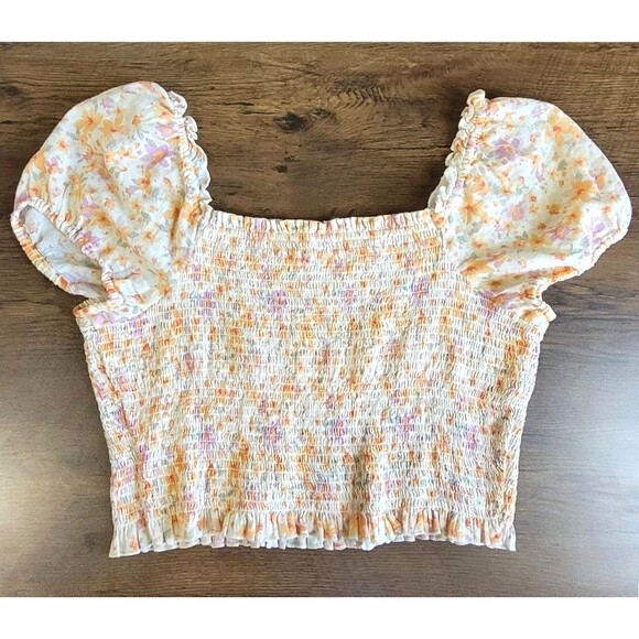 Arizona Boho Ruched Smocked Crop Top Size XXL 2XL Floral Puff Sleeves 7% Linen - Picture 6 of 6
